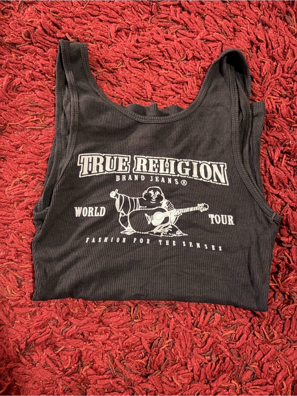 True Religion Black Ribbed Graphic Crop Tank Top